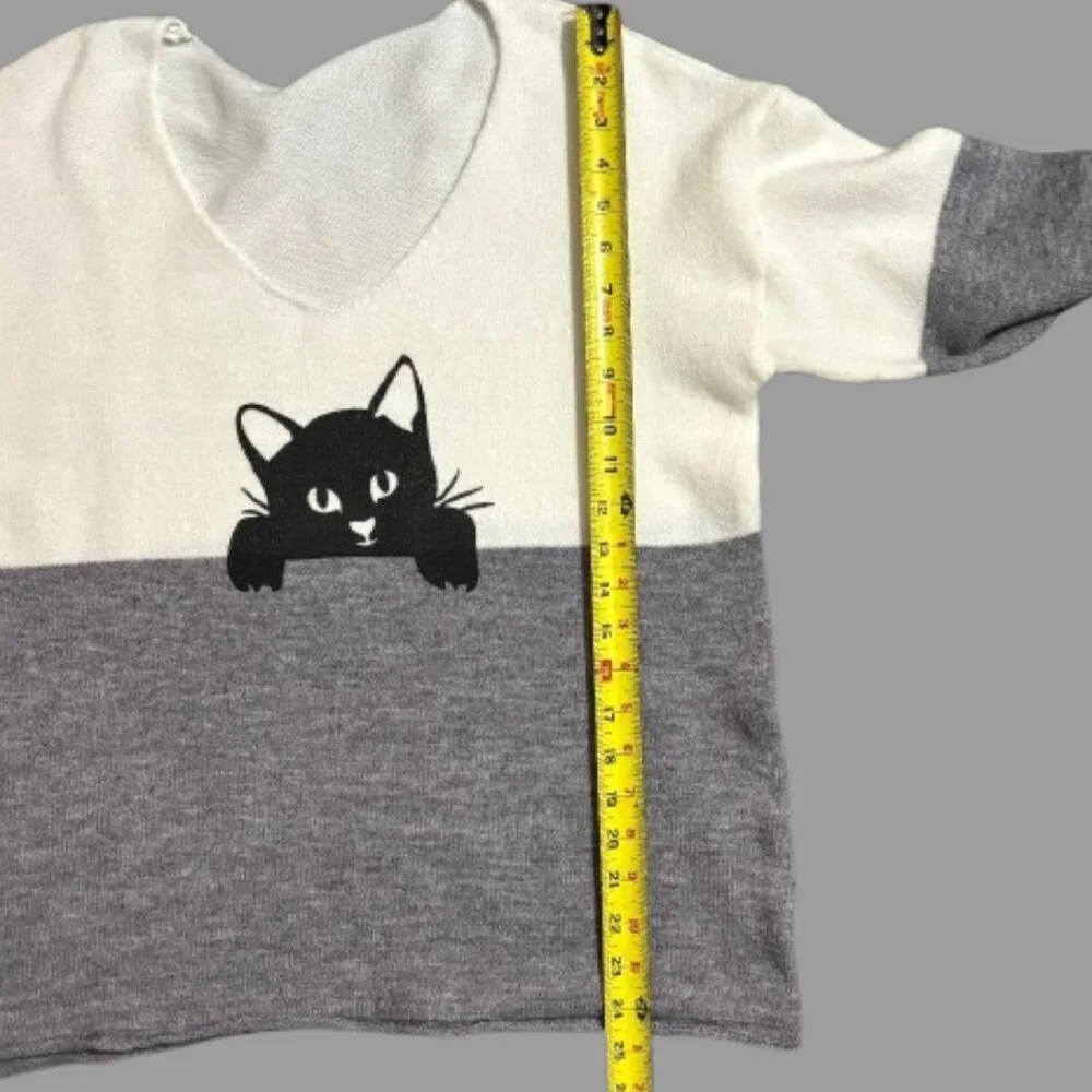 Super Cute Gray/Off White Black Cat Sweater V Neck Dolman Long Sleeves SZ XL - Picture 5 of 8